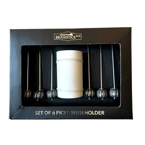 6pc Fall PUMPKIN Metal Cocktail Picks & White Marble Holder Holiday Hosting NEW